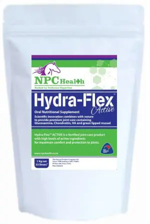 Hydra-flex active joint supplement for horses in training, racing or competition.