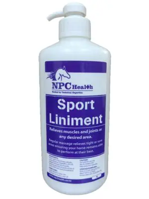 Sport liniment for horses to massage muscles and joints or sore areas to help maintain, suppleness, flexibility and healthy joint and or muscle function.