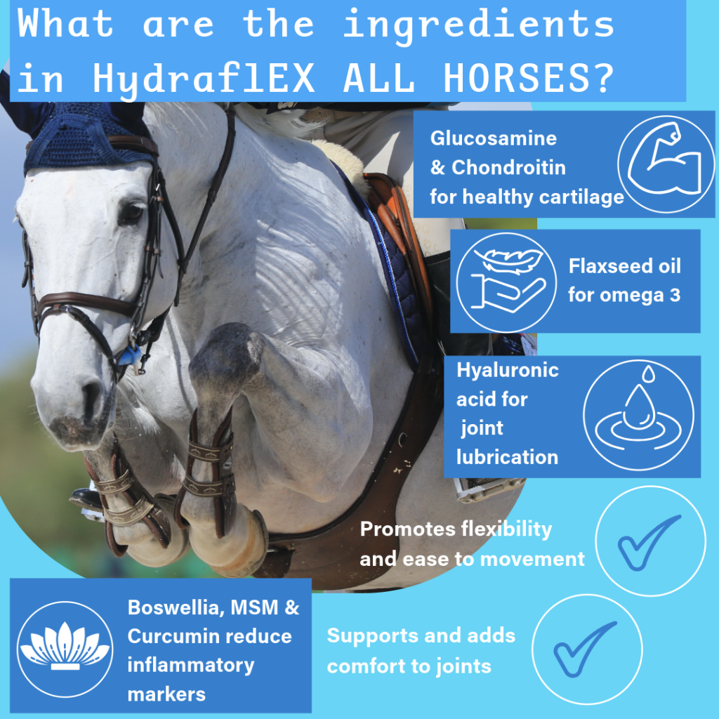 Ingredients in Hydra-flex all horses, a joint supplement for horses.